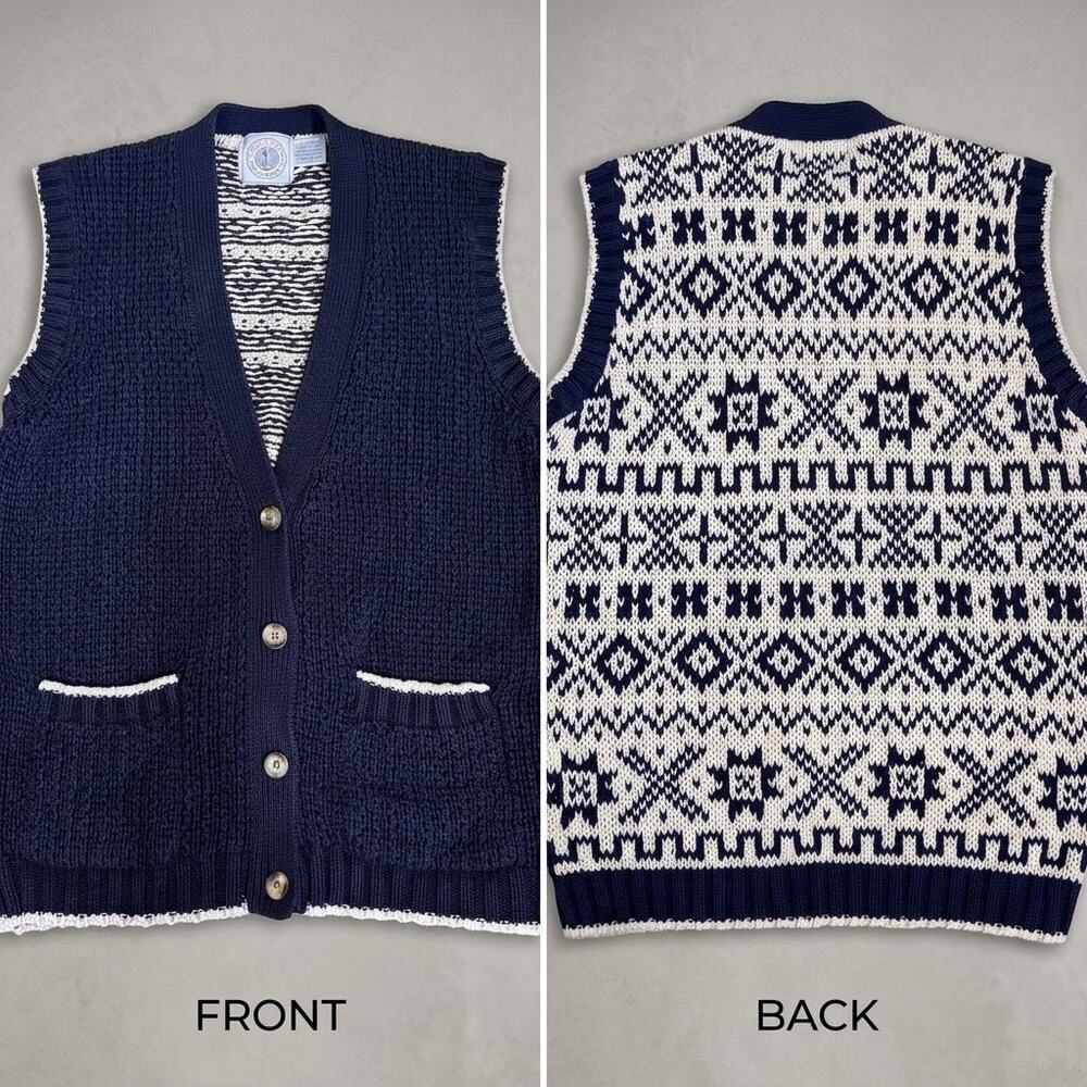 Cape Isle Knitters Vintage Sweater Vest Navy Fair Isle Color Cotton Ramie Sz Med